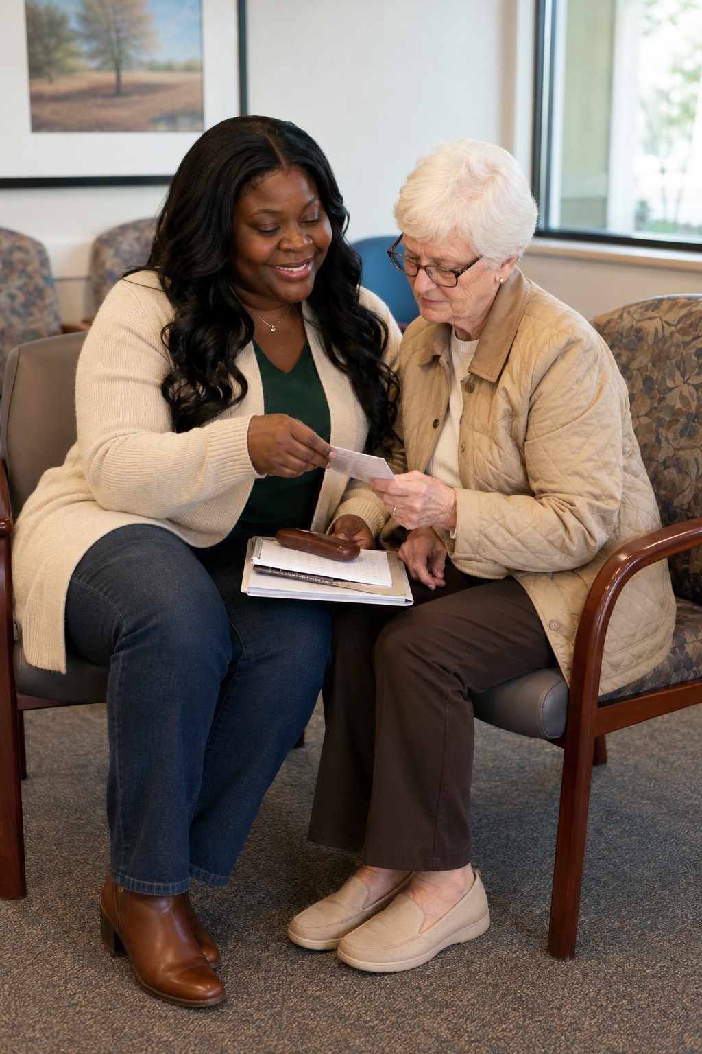 Ezinne Akalonu, RN, sitting with an older adult client, reviewing a document together