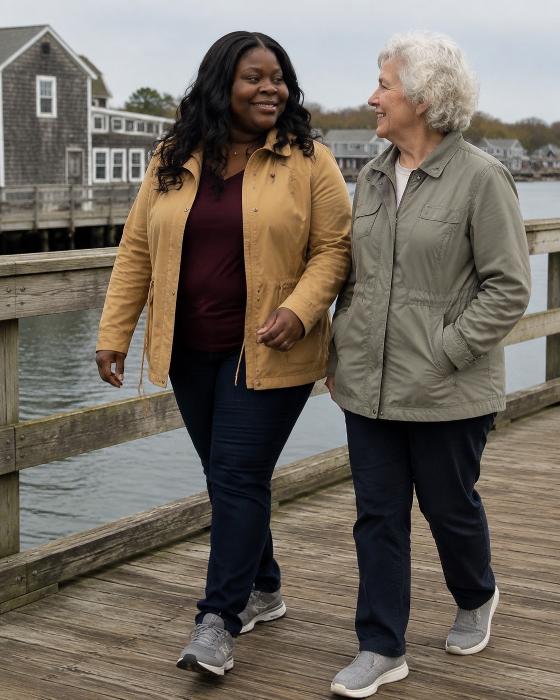 Ezinne Akalonu walking alongside a client along the waterfront, in genuine warm conversation